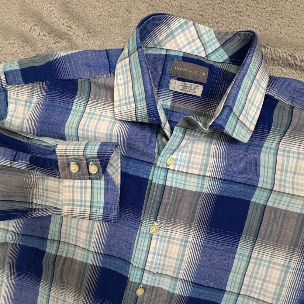 Thomas Dean Men's Plaid Long Sleeve‎ Shirt Size Large Button Front Blue white